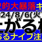 2024/8/6(火)に株価が上がる株、株式投資・デイトレの参考に。歴史的大暴落キタ!!落ちるナイフ注意!!