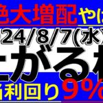 2024/8/7(水)に株価が上がる株、株式投資・デイトレの参考に。超絶大増配やばい！いきなり配当利回り９％超になった株！