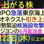 あす上がる株　2025年５月２２日（木）に上がる銘柄。SOMPO急落、東京海上下落。ソシオネクスト引き上げ。中東情勢緊迫、核施設攻撃へ。ピジヨン配当～最新の日本株情報。高配当株の株価やデイトレ情報～