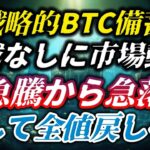 戦略的BTC備蓄“記載なし”に市場動揺…急騰から急落、そして全値戻しへ！