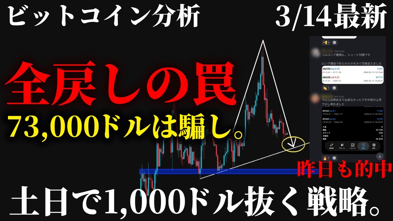 【緊急⚠️】ビットコイン急落。73,000ドルで騙された人は見て下さい。実は目線はまだ下。土日の戦略と狙いを全て公開します。《仮想通貨 暗号通貨 ビットコイン FX 》