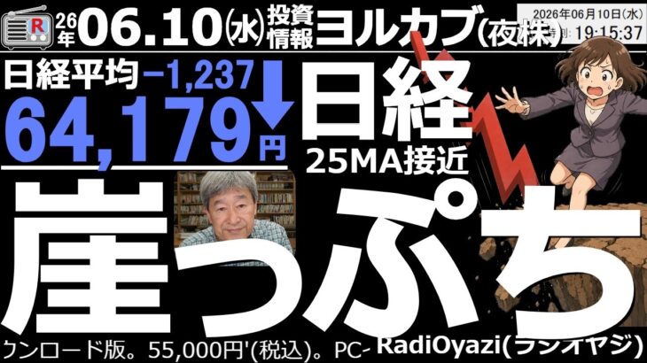 【ヨル株！(投資情報)】日経平均は1,237円安。チャートは25MAに陰線をぶつける、さらなる下落を暗示する形。285Aキオク、6976太陽、6981村田、9984ＳＢなどのチャートが弱体化。要警戒。