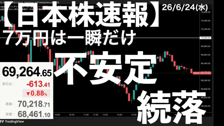 【日本株速報】26/6/24 7万円は一瞬だけ！不安定な株価で続落！　#日本株  #半導体　#topix　#fomc