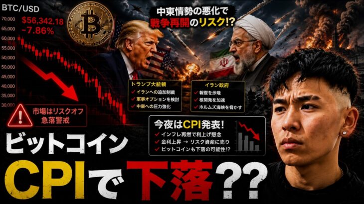 ビットコインCPI発表後に急落は起こる！？米国とイランが再戦ムードで株式が下落！！