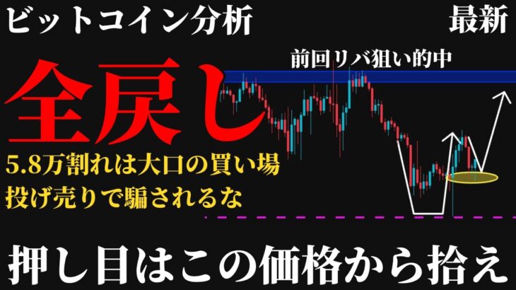 【警告⚠️】ビットコイン今後の見通し。58,000ドルを守れれば反発へ、大口が拾い始めた今の押し目の狙い方とは《 仮想通貨 暗号通貨 ビットコイン BTC FX 》
