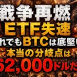 戦争再燃 ETF失速 それでもBTCは底堅い。本当の分岐点は62,000ドルだ！